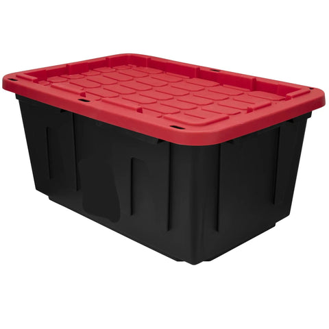 Heavy Duty 27 Gallon Storage Bin 2 Pack Large Plastic Container With Secure Snap On Lid in black with red lid overview.