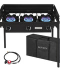 Three Burner Outdoor Propane Gas Stove With Wind Panel Carrying Bag And Regulator 225000 BTU Stand Cooker