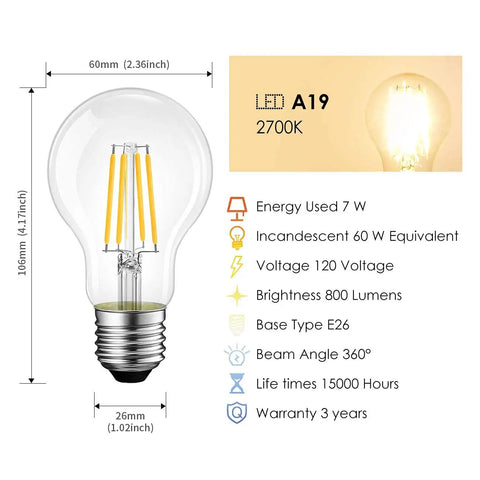 Vintage Filament LED Bulb With E26 Base Dimmable 7W To 60W Equiv, 2700K Warm White, 800 Lumens, dimensions and specs chart