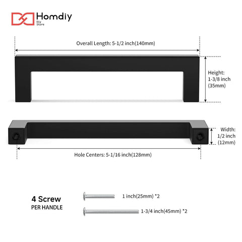 Matte Black Cabinet Handles Set Of 2 Stainless Steel Square Bar Pulls For Drawers And Dressers, 5-1/16 Inch Hole Centers