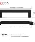 Matte Black Cabinet Pulls 25 Pack Stainless Steel Square Bar Handles with dimensions and screws shown, 5-1/16 Inch Hole Centers