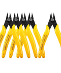 Set of five yellow micro flush cutters with black jaws for electronics, 5-inch size.
