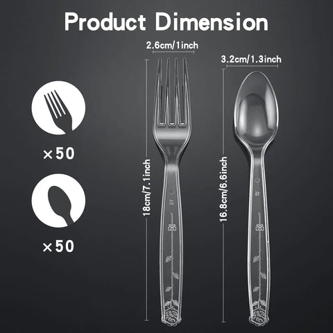 Heavy Duty Disposable Plastic Cutlery Set 100 Count Forks And Spoons Shatterproof BPA Free Heat Resistant For Catering Events Parties Crystal Clear