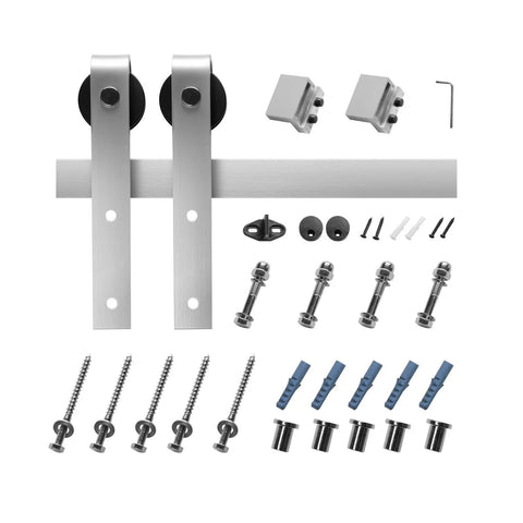 Six Foot Brushed Nickel Sliding Barn Door Hardware Kit for 36 Inch Wide Door, 330 Lb Weight Capacity, showing components