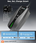Real-time monitor for Level 1 2 Portable Ev Charger With Native Nacs Port showing adjustable current up to 16A and charging details.
