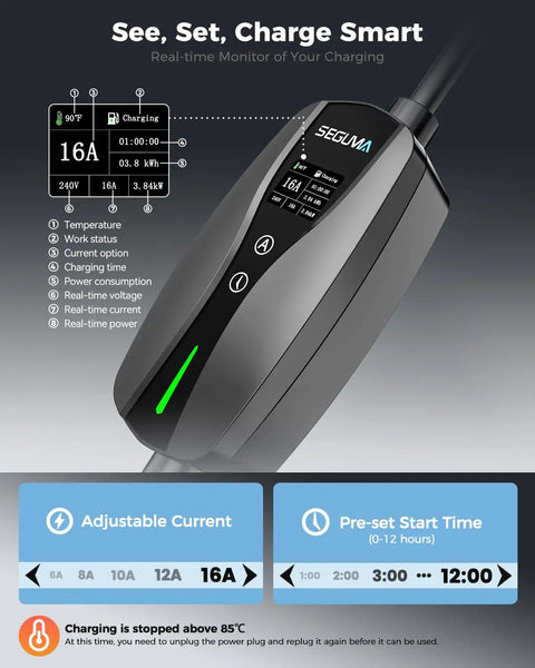 Real-time monitor for Level 1 2 Portable Ev Charger With Native Nacs Port showing adjustable current up to 16A and charging details.