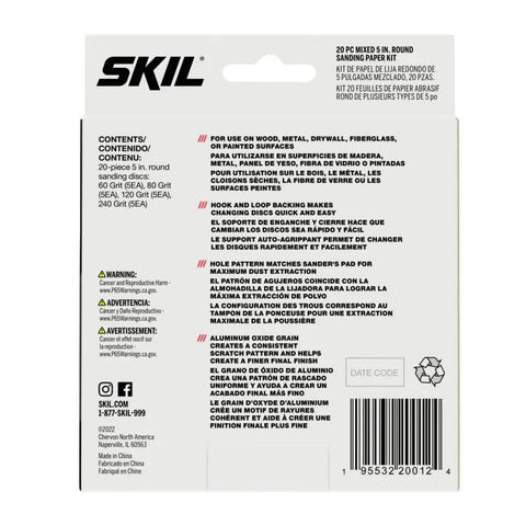Back of Pro Grade Mixed 5 Inch Round Sanding Discs Kit with safety warning and features, including aluminum oxide grain.