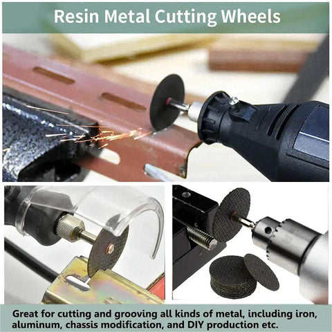 Heavy Duty Rotary Tool Cutting Wheel Set Including Diamond And Resin Blades For Crushing Through Glass Metal Wood Brick Without Breaking A Sweat Built Like Tanks For Hella Durability with resin metal cutting wheels in action.