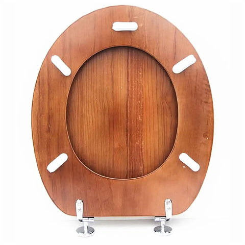 Solid Wood Elongated Toilet Seat With Smooth Glide Slow Close Lid And Authentic Bark Finish Universal Bath viewed from the back.