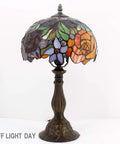 Tiffany Style Stained Glass Table Lamp With Red Rose Shade, 18-inch tall, 12-inch shade, antique green bronze finish, off light day