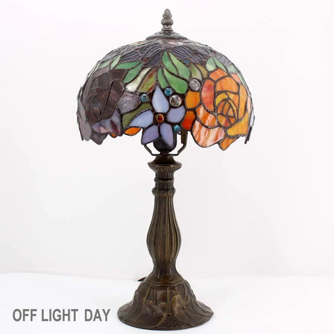 Tiffany Style Stained Glass Table Lamp With Red Rose Shade, 18-inch tall, 12-inch shade, antique green bronze finish, off light day