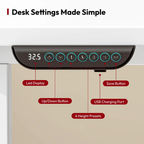 Control panel of Rock Solid White L Shaped Electric Standing Desk equipped with LED display and USB charging port.