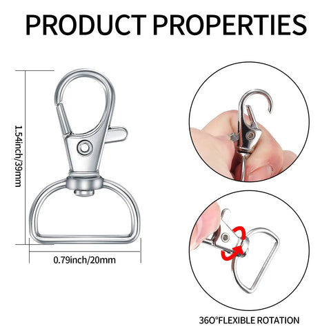 50 Piece Rock Solid Zinc Alloy Keychain Clips And D Ring Lanyard Hooks With Swivel Lobster Clasps Rust Proof Hardware close-up of clip features