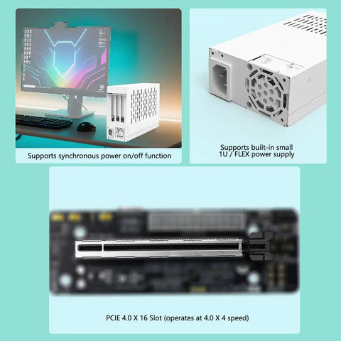 Plug And Play PCIe 4.0 X16 To Oculink SFF 8612 External GPU Dock showing built-in small power supply and PCIE slot.