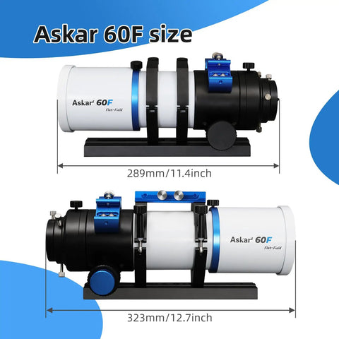 Flat Field 60mm Refractor Telescope With F6.8 ED Quadruplet APO Air Spaced Optics shown in two sizes, 289mm and 323mm.
