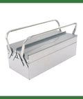 Dang Tough Stainless Steel Tool Box With Rubberized Carry Handle 18 Inch 2 Tier 3 Roomy Trays shown from the side.