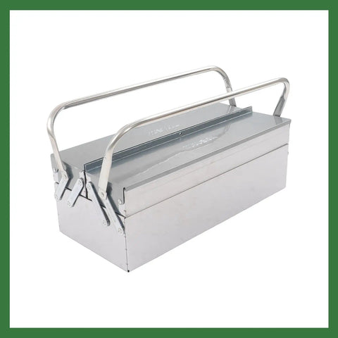 Dang Tough Stainless Steel Tool Box With Rubberized Carry Handle 18 Inch 2 Tier 3 Roomy Trays shown from the side.