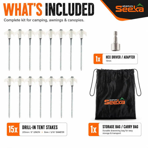 15 Pack 8 Inch Heavy Duty Screw In Tent Stakes Drill In Ground Anchor Pegs With Hex Head Driver And Storage Bag Visible