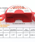 Dimensions of Beefy Gate Valve Lockout Device for industrial valves 1 to 2.5 inch handles, showing aperture and keyhole details.