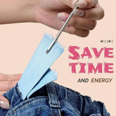 Hand holding Upgraded DIY Rope Threader Clip Set With Stainless Steel Hooks And Latch For threading drawstrings through jeans.