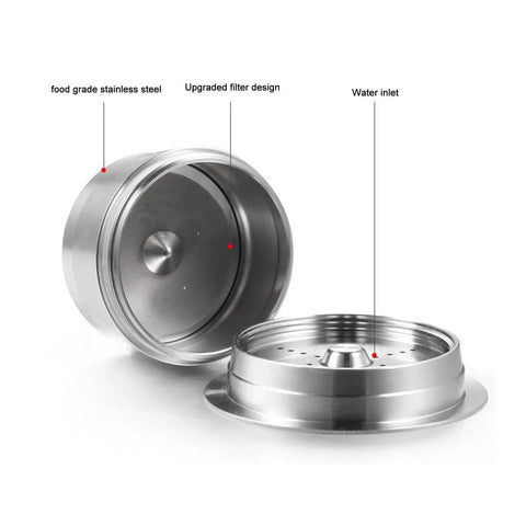 Sleek Stainless Steel Reusable Coffee Capsules With Dual Mesh Screens Refillable Pods For Single Cup Brewers showing upgraded filter design.