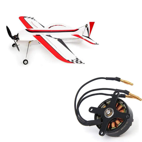Beefy 2206 1450KV Brushless RC Motor, 20A Outrunner for fixed wing airplanes, shown with a red and white model plane