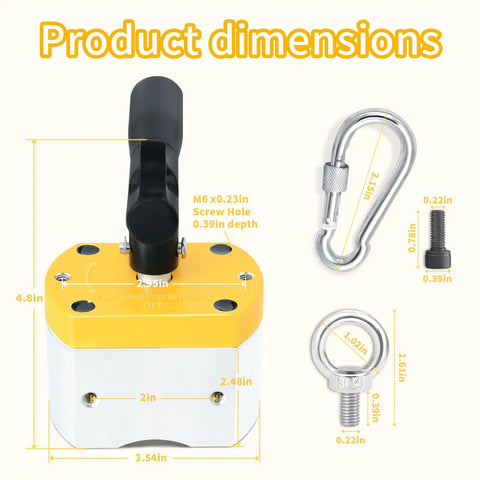 Dimensions of 600 Lb On Off Switch Magnetic Holder For Welding And Lifting with screw and carabiner details