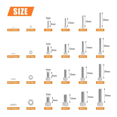 Massive 1280Pcs Stainless Steel Hex Socket Cap Screws Set With M2 M3 M4 M5 Bolts Nuts And Washers In Classified Storage Box Anti Rust Corrosion Resistant Fasteners For Home Garage Auto DIY Projects size chart for M2-M5 screws