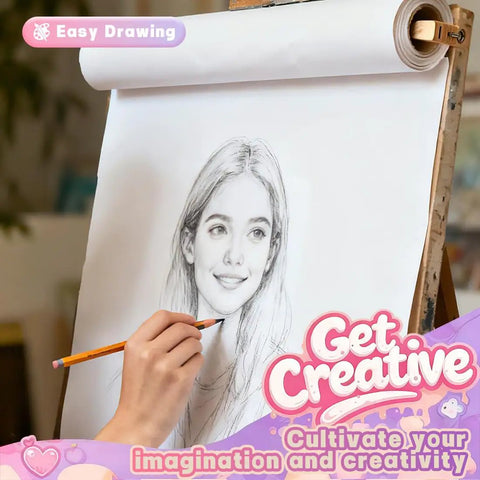 Hand drawing a portrait on an easel with motivational text 'Get Creative' for art inspiration.