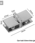 Beefy Zinc Alloy Glass Door Hinge Clamp Set for 5 to 8mm Panels, detailed with measurements for easy install.
