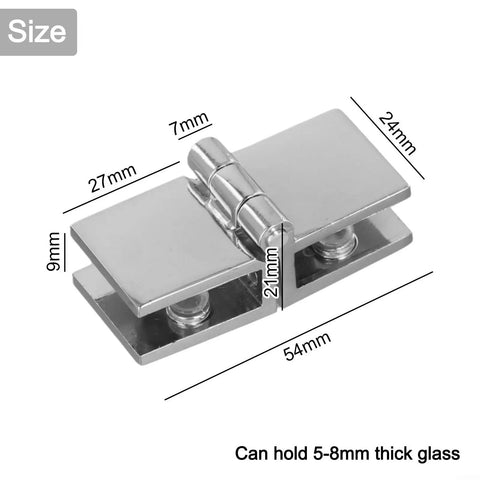 Beefy Zinc Alloy Glass Door Hinge Clamp Set for 5 to 8mm Panels, detailed with measurements for easy install.