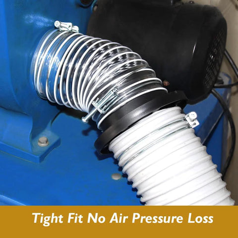 O'SKOOL 4-inch port magnetic dust-collector duct fitting connected to metal flex hose on blue equipment.