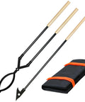 42 Inch Detachable Fire Tongs and Poker Set with Carrying Bag and wood handles, shown with black heavy-duty bag.
