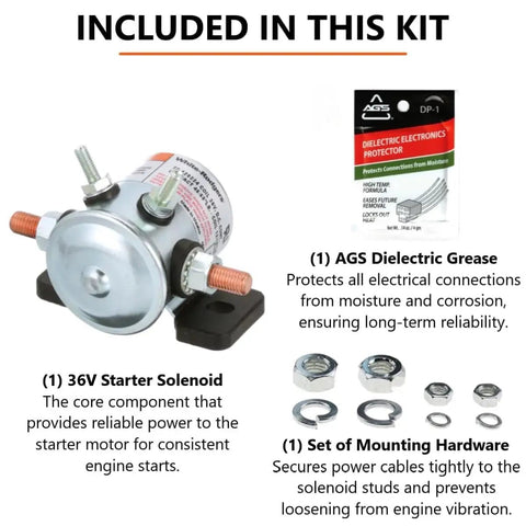 Genuine OEM 36V Solenoid Switch Relay Kit with solenoid, dielectric grease, and mounting hardware for EZGO golf carts.