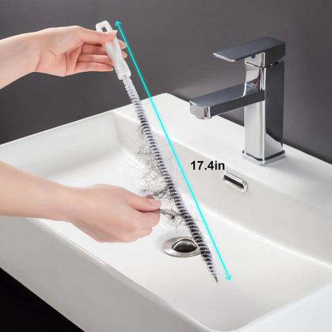 Heavy Duty Flexible Drain Snake Brush For Kicking Clogged Sink And Tub Pipes Clear, 17.4in brush removing hair from sink.