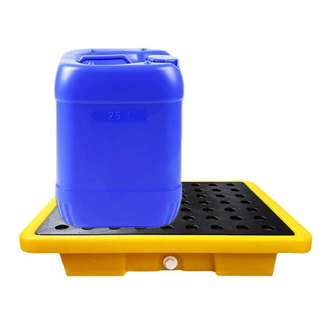 Oil Drum Spill Containment Tray With Drain, 2.6 Gallon Capacity, Leakproof Polyethylene Pallet, Detachable Platform, yellow with black grid