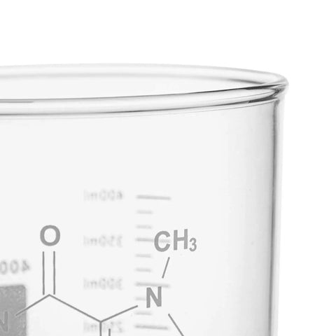 Close-up of Two Pack Beaker Mugs With Handles, 16 Oz Caffeine Molecule Glass Coffee Cups, Clear Borosilicate Graduated Beaker Mugs For Tea.