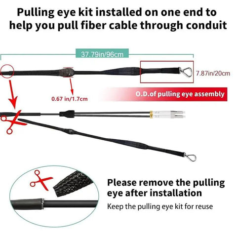 Os2 LC To LC Single Mode Fiber Patch Cable 98 Ft Outdoor Industrial Tpu Jacket showing pulling eye kit for easy installation.