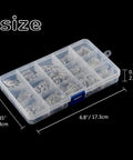 Clear plastic box with compartments for All In One Jewelry Making Kit With Fifteen Jewelry Findings, size details shown.