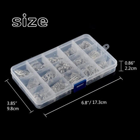 Clear plastic box with compartments for All In One Jewelry Making Kit With Fifteen Jewelry Findings, size details shown.