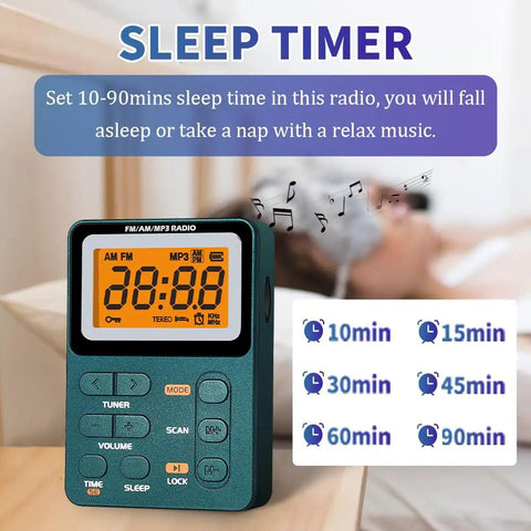 Rechargeable Pocket Radio With AM FM Tuner And Dope Reception Digital Tuning, MP3 Playback, Sleep Timer Display