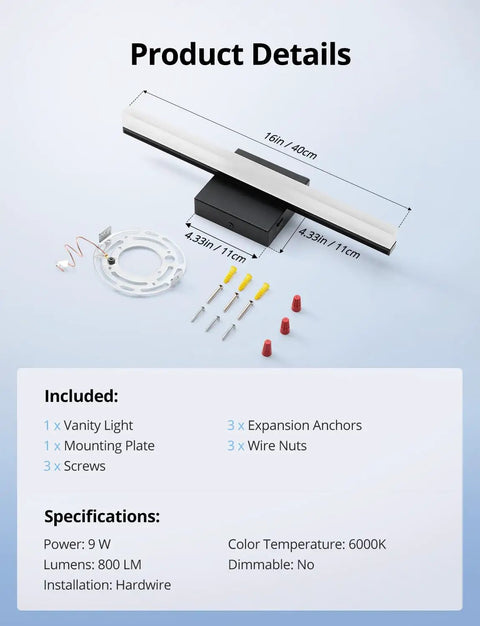 Slim 16 Inch LED Vanity Light Bar Over Mirror For Restroom IP44 Waterproof 9W Cool White 6000K Non Dimmable Makeup Lighting Fixture components
