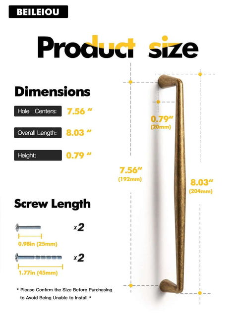 Product dimensions for Antique Brass Pulls showing 7.56 inch hole centers and 8.03 inch overall length.