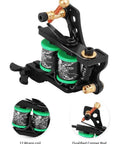 12 Wrap Coil Tattoo Machine Set, Traditional Tattoo Gun with green coils and copper components, close-up on details