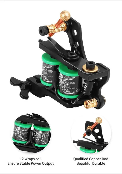 12 Wrap Coil Tattoo Machine Set, Traditional Tattoo Gun with green coils and copper components, close-up on details