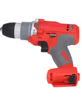 Slick Compact Cordless Electric Drill With Ergonomic Handle And 25 Torque Levels Featuring Forward Reverse Modes For No Sweat Diy Repairs And Garage Upgrades With Dang Solid Heavy Duty Performance On Any Job Site. Close-up of red and gray cordless drill.
