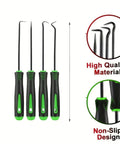 Front view of a four-piece precision pick and hook set with black handles and green accents