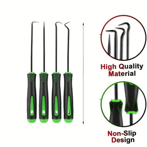 Front view of a four-piece precision pick and hook set with black handles and green accents