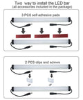 Under Cabinet LED Light Kit 3 Bar Set 1 Ft Each 20W 1000 Lumen Daylight White 5000K Dimmable Plug In Kitchen Cabinet Lights No Dots Eye Friendly High Quality Power Supply Included showing installation with adhesive pads, clips, and screws.