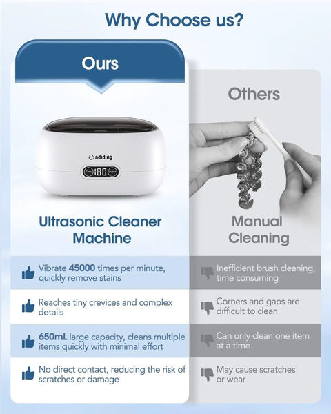 Image comparing Ultrasonic Cleaning Machine 650mL Ring Cleaner with manual cleaning, highlighting key advantages.